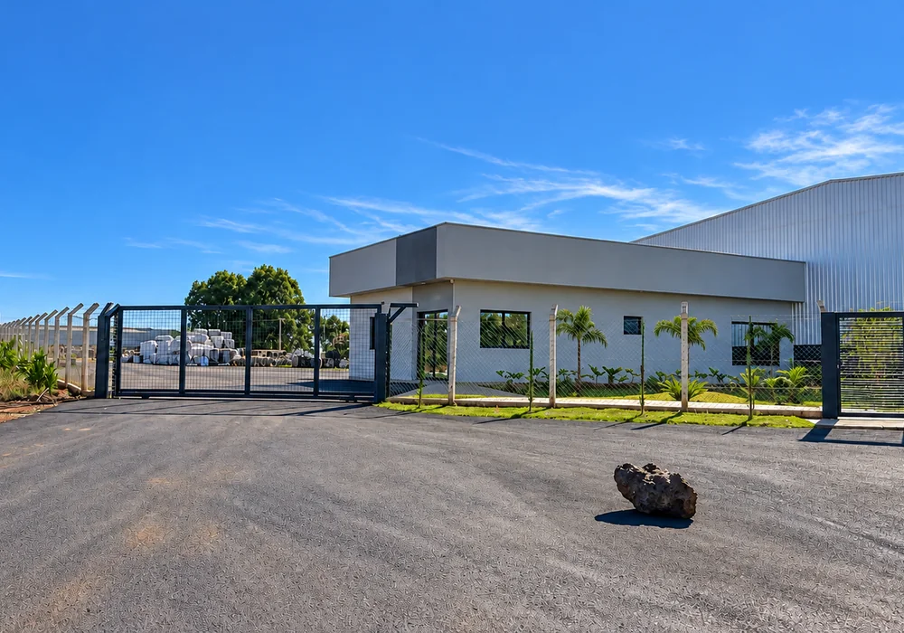 Fachada e área externa da estrutura industrial